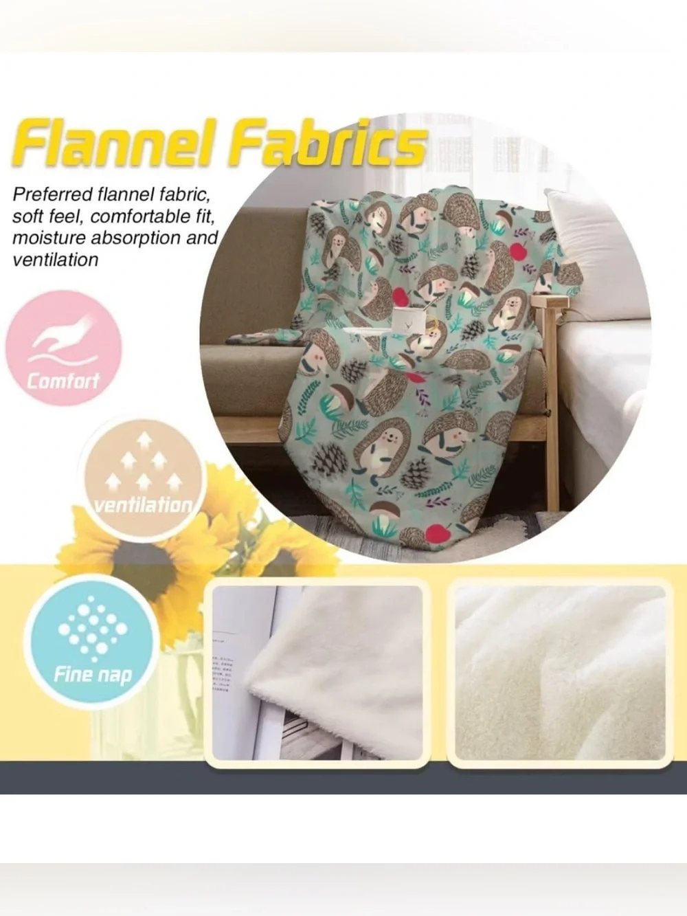 Cute Hedgehog Print Fleece Throw blanket - Mint Green Background 50 x 60 NEW